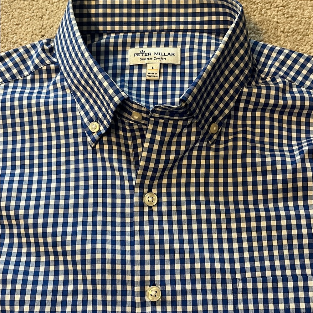 Peter Millar Blue and White Gingham Button-Down Summer Comfort Shirt size L